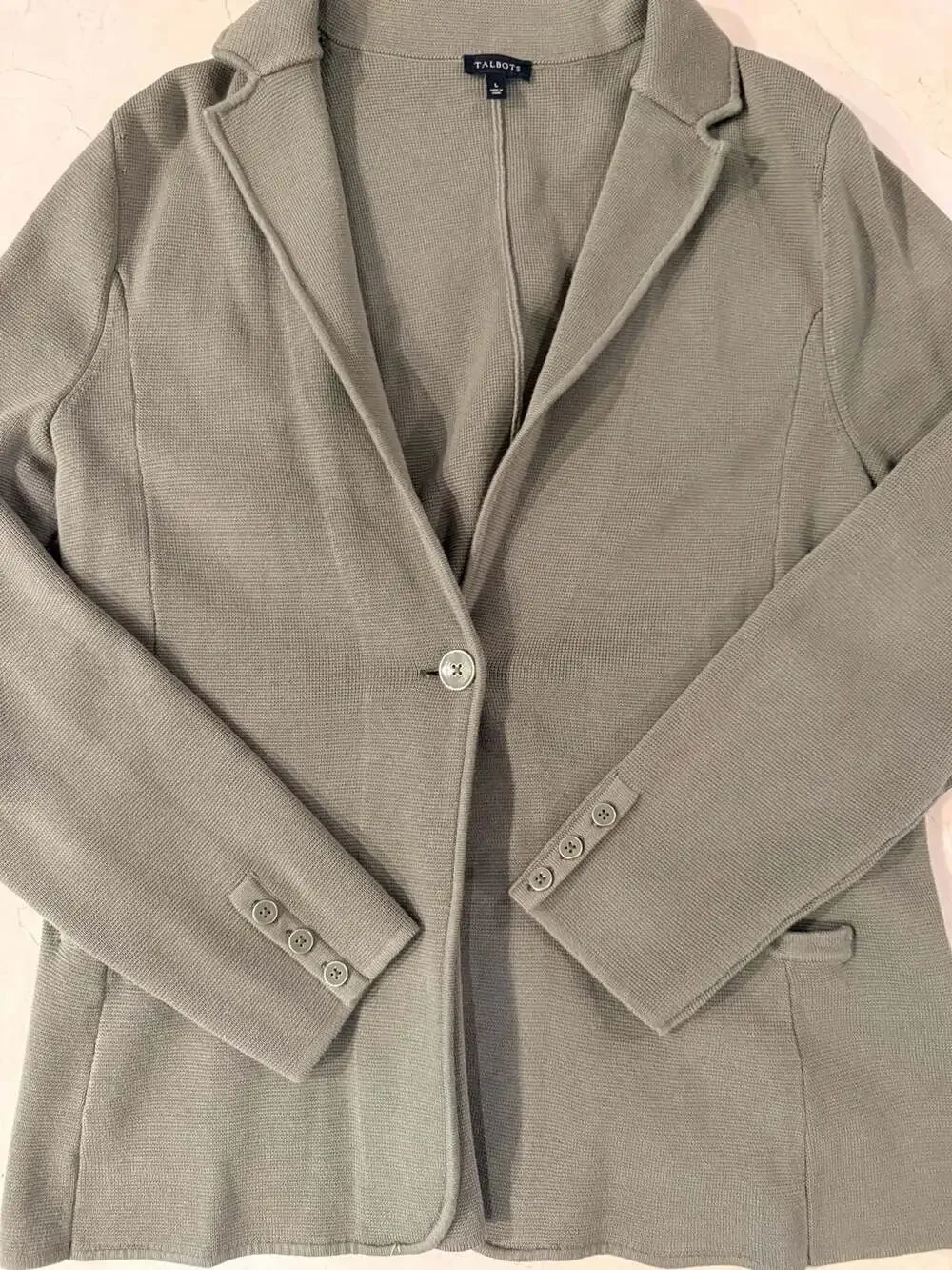 Talbots Women's Olive Green Cotton-Blend Knit Blazer with Button Cuffs